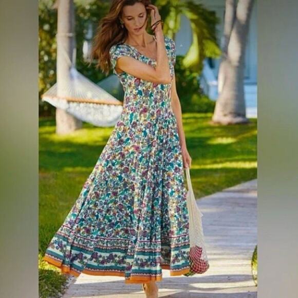 Soft Surroundings Kara Floral Maxi Dress in Fiery Teal Blue Jacobean SZ XS - Picture 1 of 4